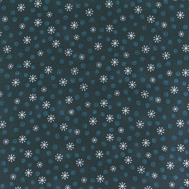 Teal blue fabric with small snowflakes and aqua swirls tossed across it