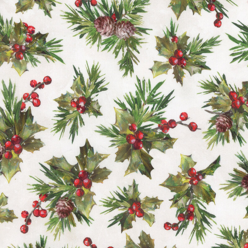 Solid white fabric with tossed holly sprigs and berries