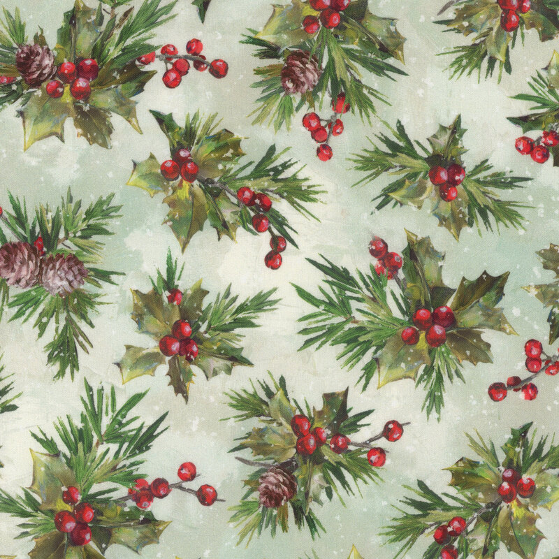 Mottled mint green fabric with tossed holly sprigs and berries