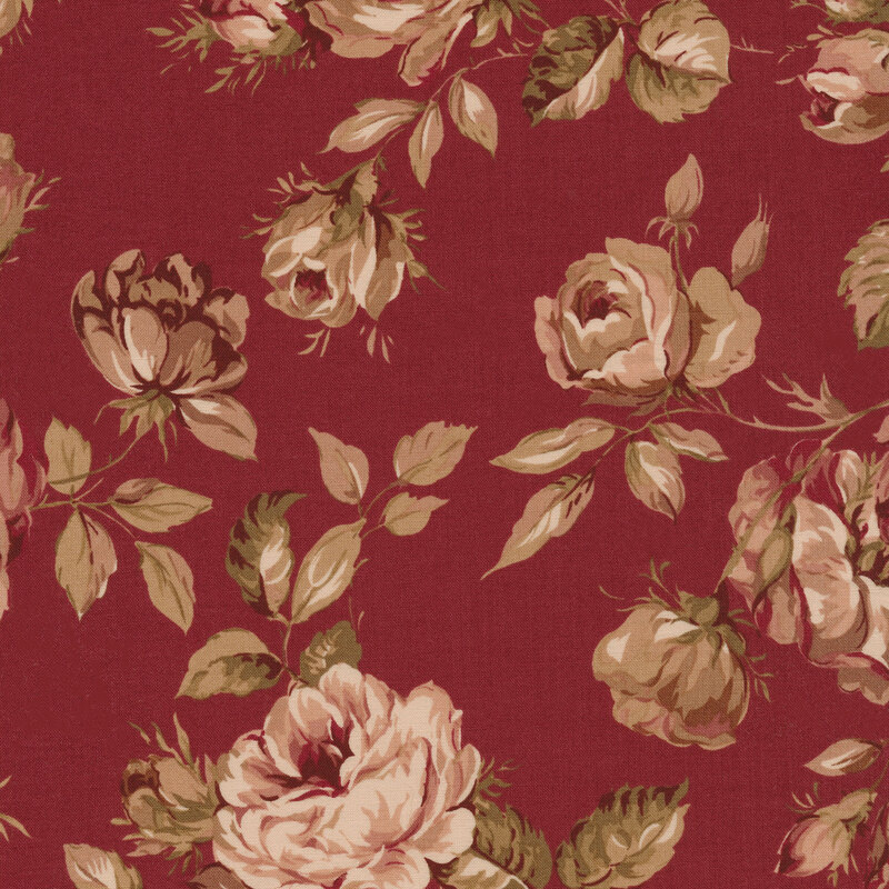 A classic red fabric with muted leaves, florals, and roses.
