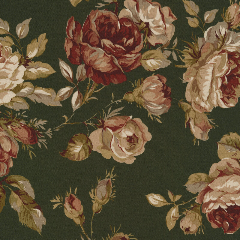 A classic green fabric with muted leaves, florals, and roses.