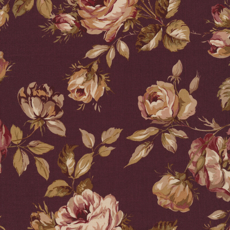 A classic plum colored fabric with muted leaves, florals, and roses.
