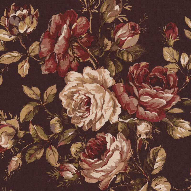 A classic brown fabric with muted leaves, florals, and roses.