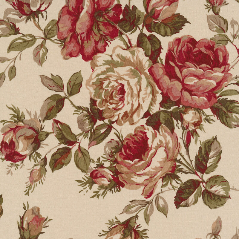 Light cream fabric with muted leaves, florals, and roses.