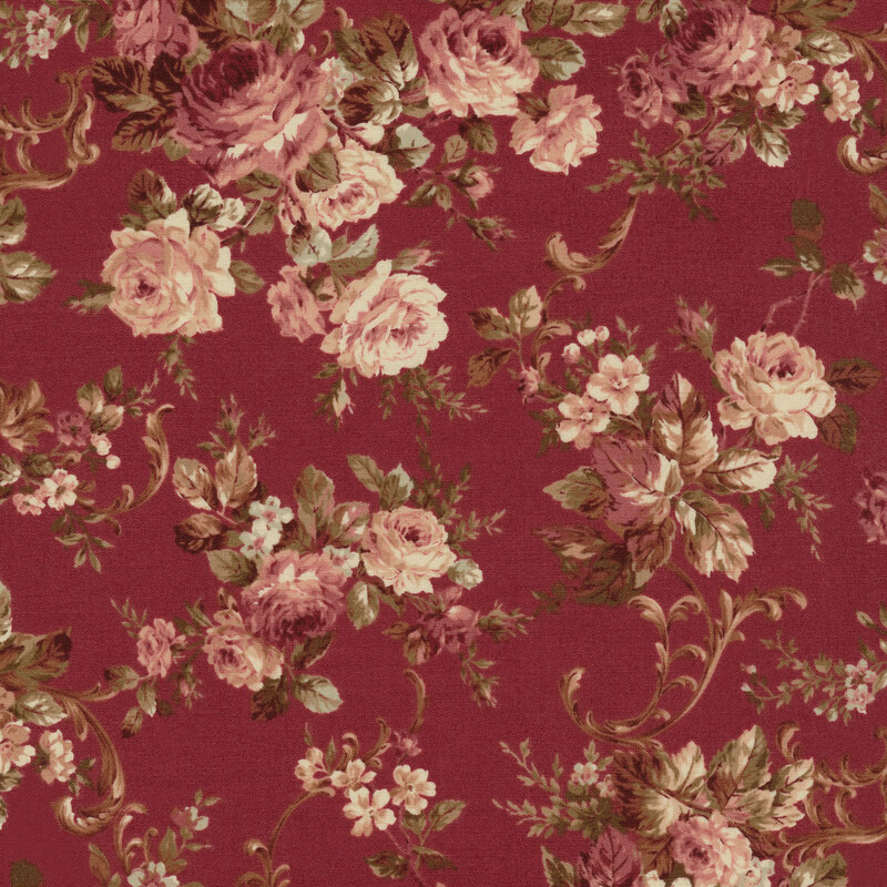 Plum red fabric with muted leaves, florals, and roses.