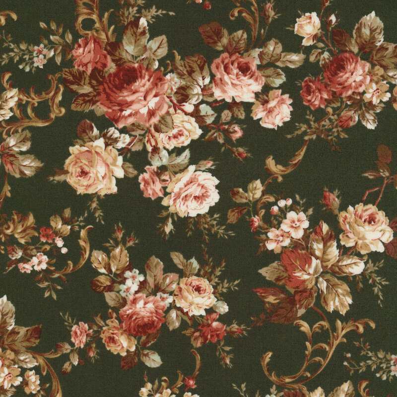Dark green fabric with muted leaves, florals, and roses.
