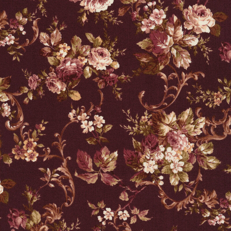 Dark plum fabric with muted leaves, florals, and roses.