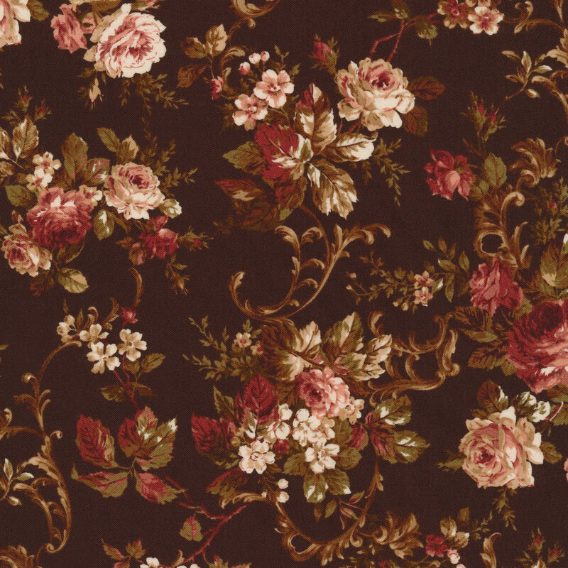 Dark brown fabric with muted leaves, florals, and roses.