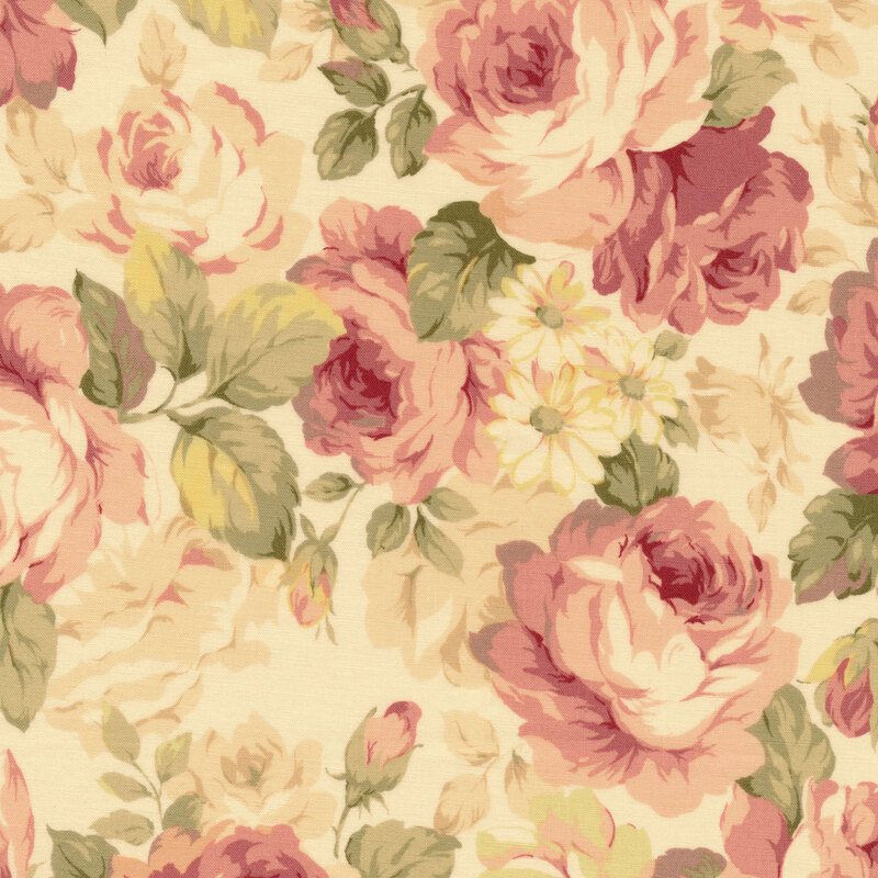 Light cream fabric with muted leaves, florals, and roses.