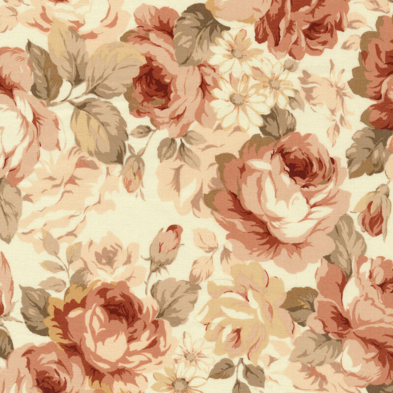 Light cream fabric with muted red leaves, florals, and roses.