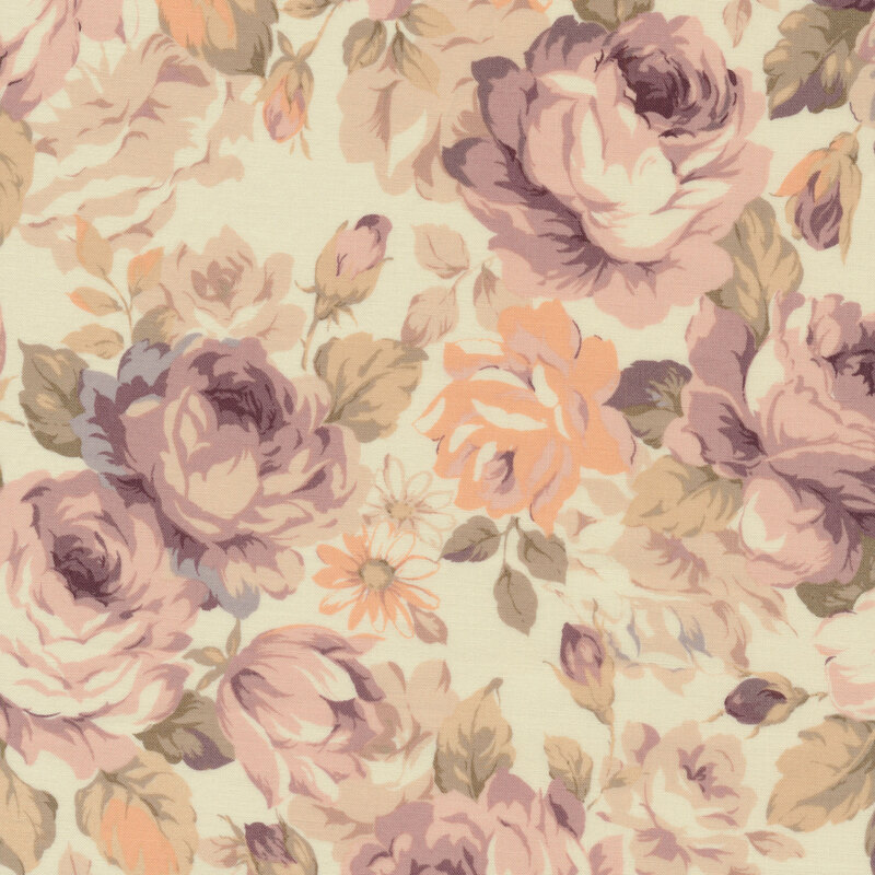 Light cream fabric with muted purple roses and green leaves all over
