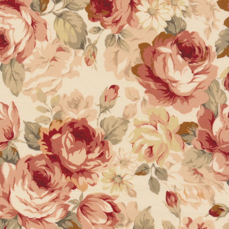 Light cream fabric with muted red roses and green leaves all over