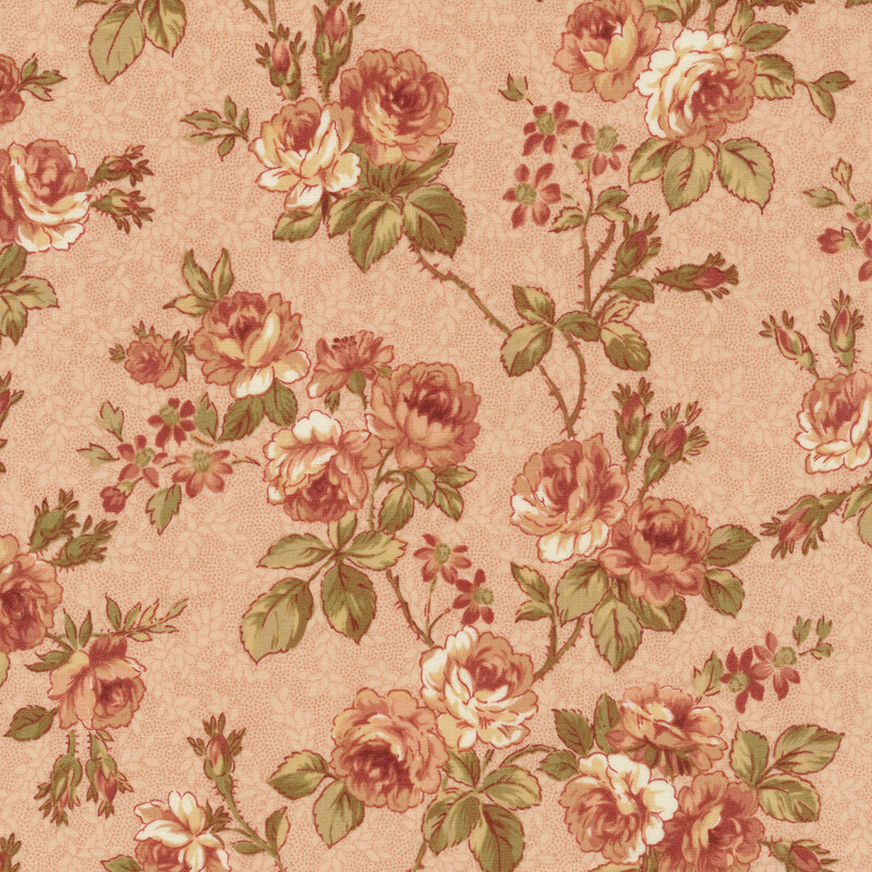 Light pink fabric with tiny dots and rose bushes with leaves and vines