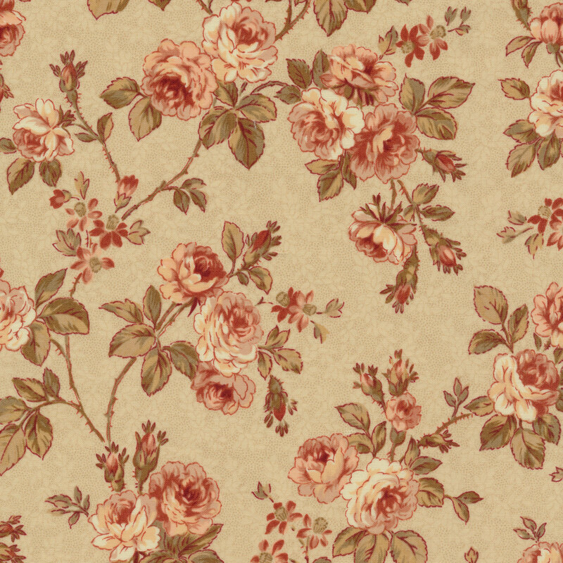 Light tan fabric with tiny dots and rose bushes with leaves and vines