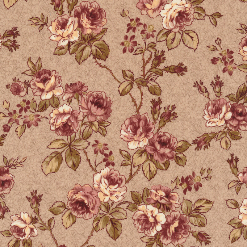 Light tan fabric with tiny dots and purple rose bushes with leaves and vines