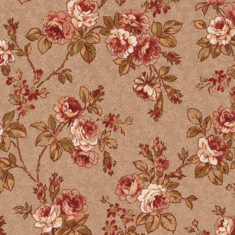 Light tan fabric with tiny dots and red rose bushes with leaves and vines