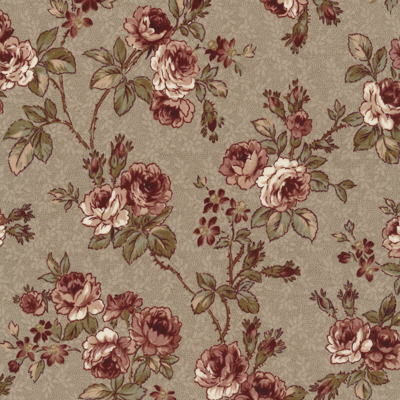 Pale gray fabric with tiny dots and dark purple rose bushes with leaves and vines