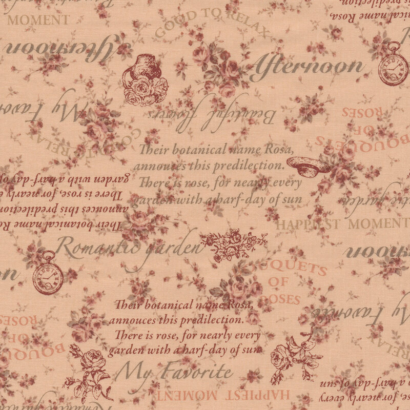 Pale pink fabric with small red floral bunches and red and gray blocks of text