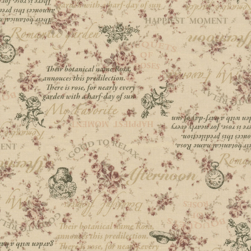 Cream colored fabric with small green floral bunches and green and gray blocks of text