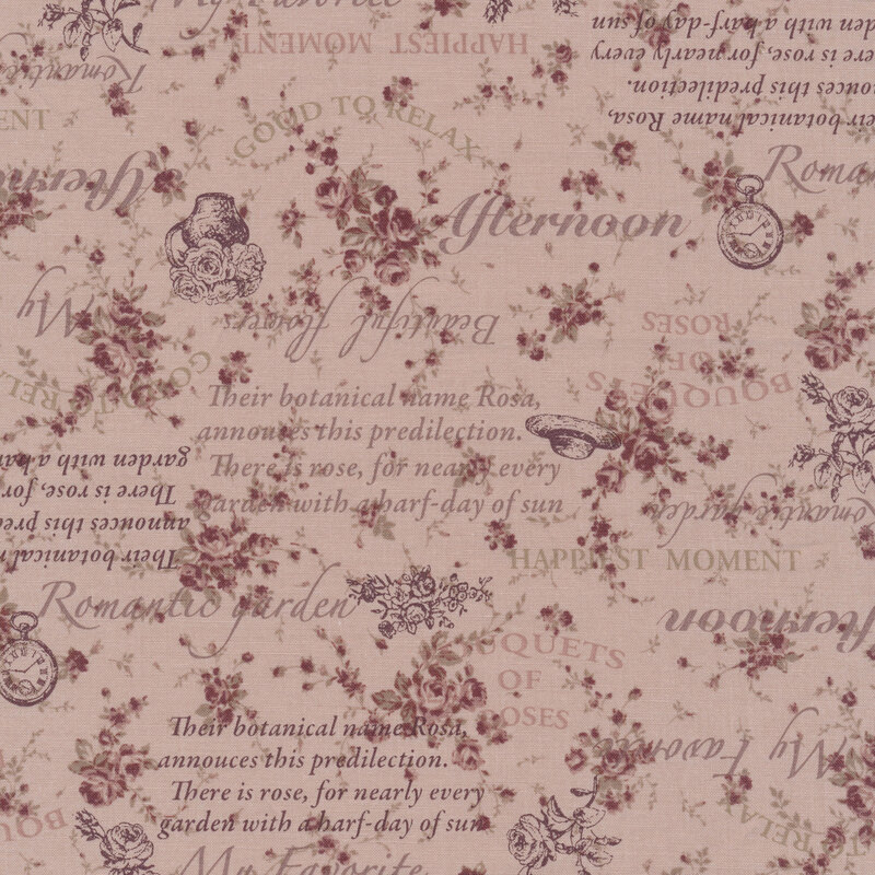 Pale purple fabric with small purple bunches of leaves and florals and blocks of text in varying shades of purple