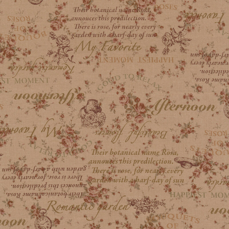Tan fabric with small bunches of leaves and florals and blocks of text in varying shades of brown