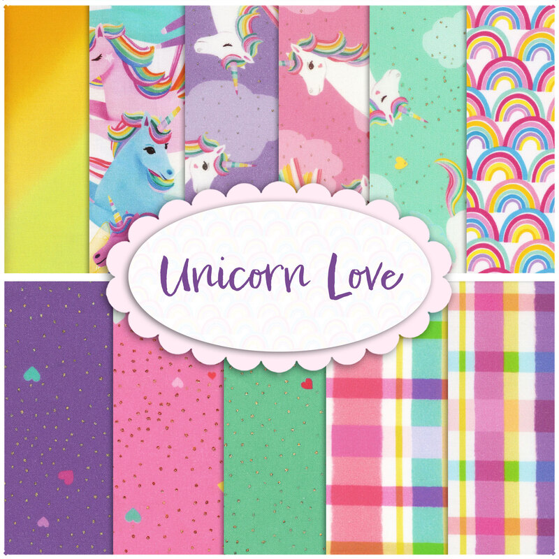 collage of all fabrics included in Unicorn collection