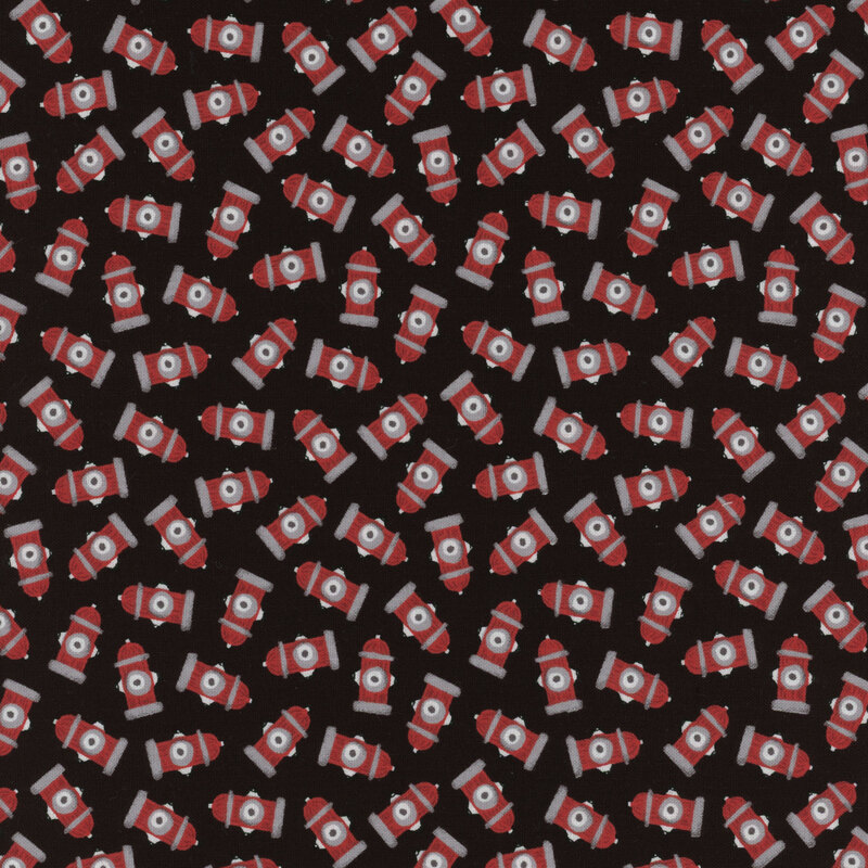 Black fabric with tossed red fire hydrants all over