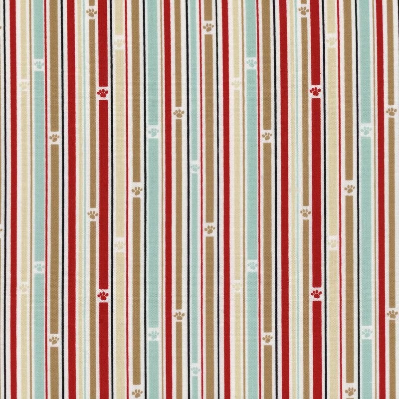 Cream fabric with vertical stripes of differing widths and colors from red to beige and teal with small paw prints in line with each stripe.