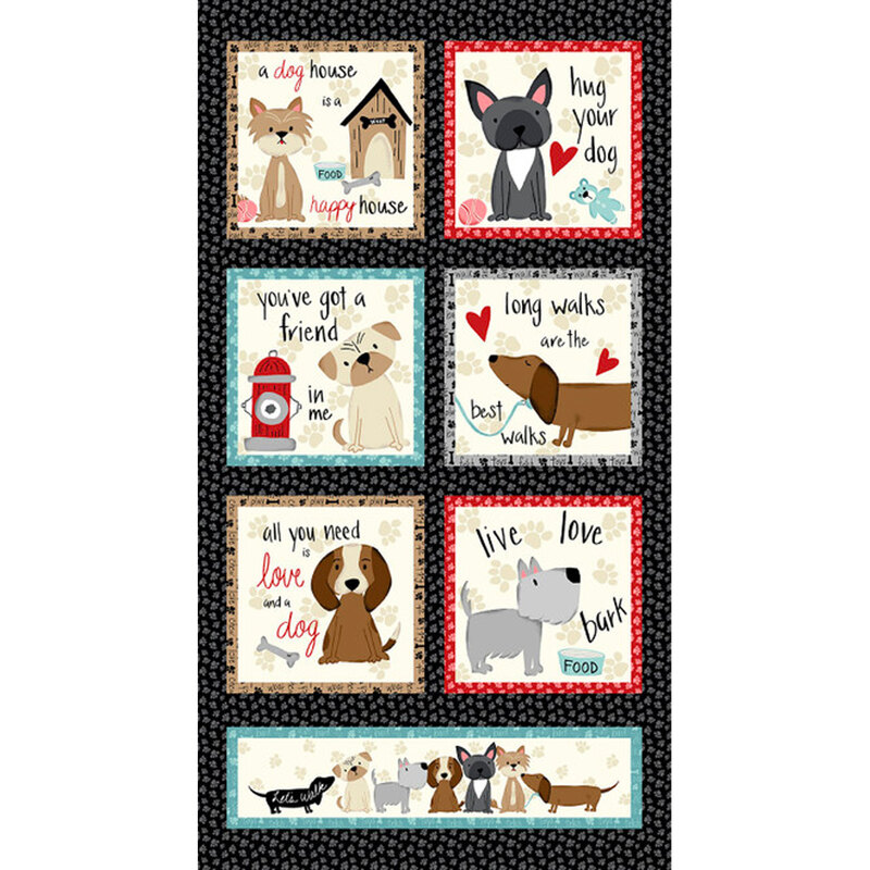 Digital image of a rectangular fabric panel with a black paw print border around six square blocks and one oblong rectangle, each bordered with a color from the collection and depicting dogs of differing breeds with dog-themed phrases like 