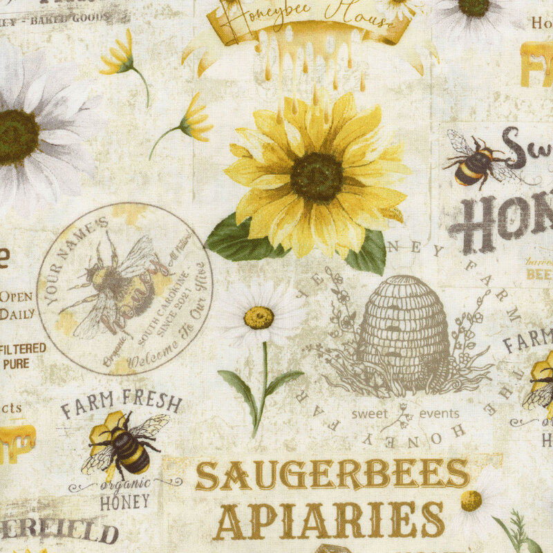 fabric featuring sunflower and bee motifs with cute sayings in antique font on aged paper background