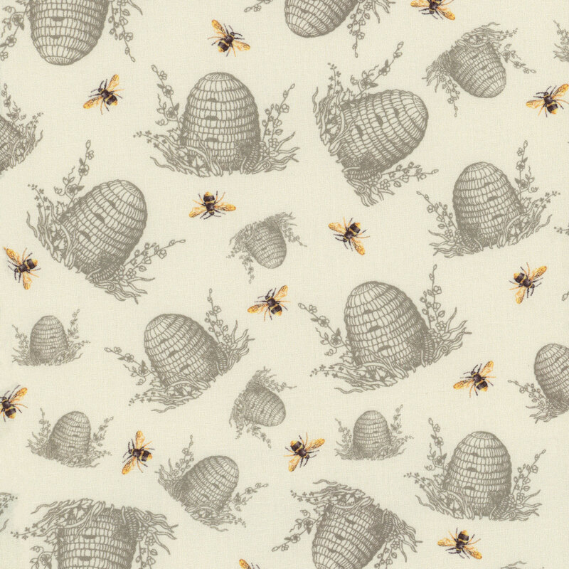 fabric featuring tossed honey bee hives and honey bees on a cream background
