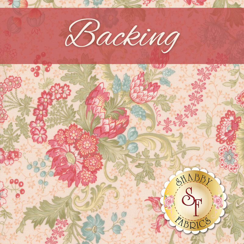 Warm toned cream fabric with pink, blue and gray flowers all over and green leaves with a pink banner at the top of the image with the work 