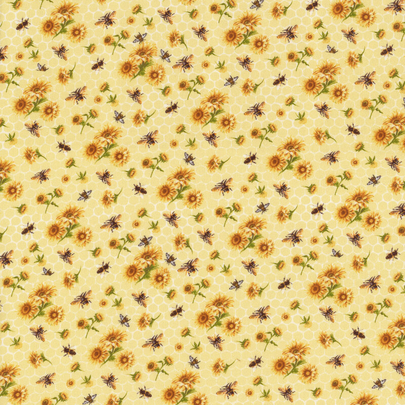 fabric featuring ditsy daisy bundles and tossed honey bees on a yellow background with white honeycomb print.  Width: 43