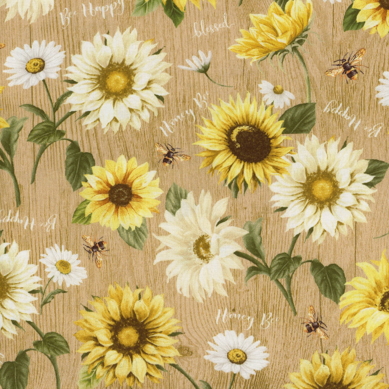 fabric featuring clusters of sunflowers and daisies with tossed bees, 