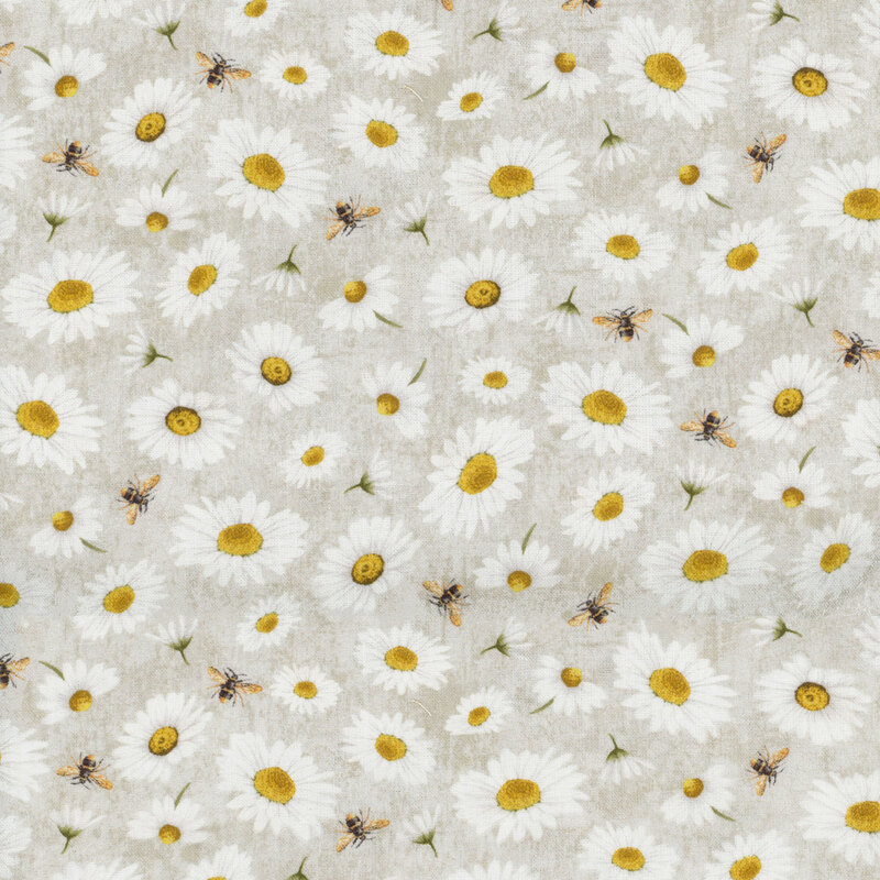 This fabric features tossed daisies and bees on a textured grey background.  Width: 43