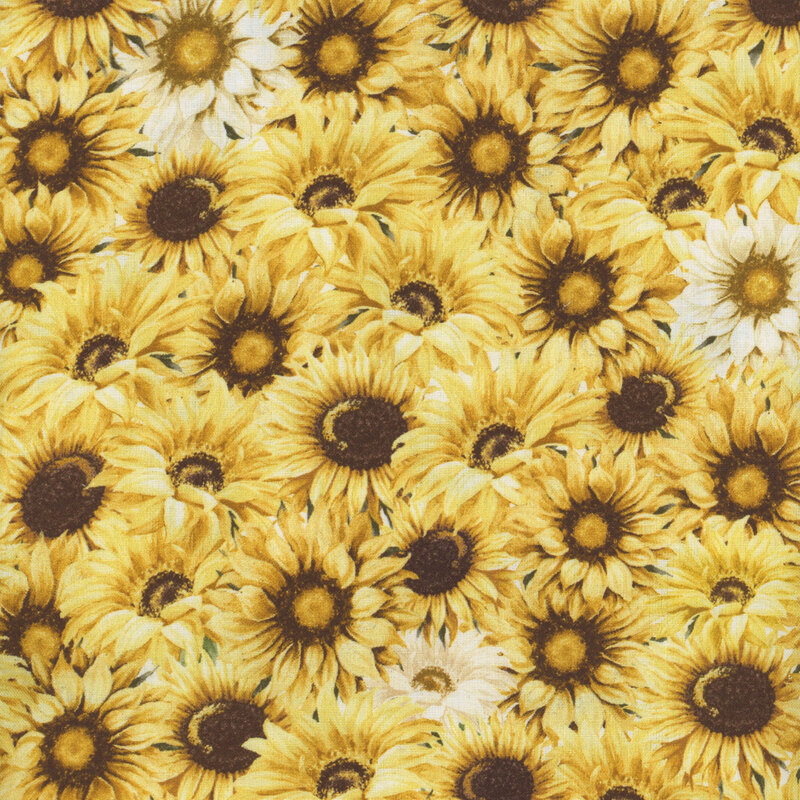 fabric featuring packed bright yellow sunflowers 