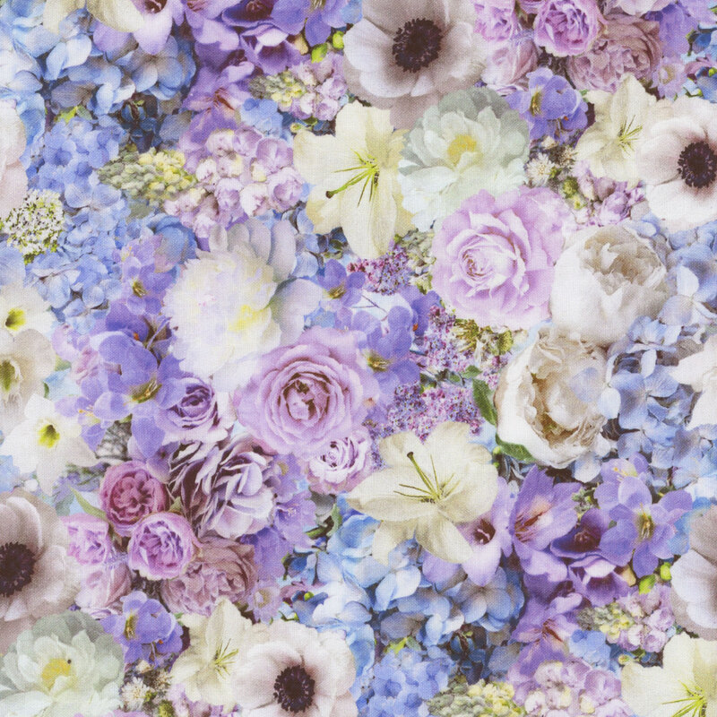 Scan of fabric featuring an assortment of purple, pink, blue, and white flowers