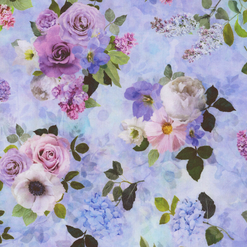 Scan of fabric featuring varying arrangements of flowers in shades of purple, pink, blue, and white, set against a textured light blue background