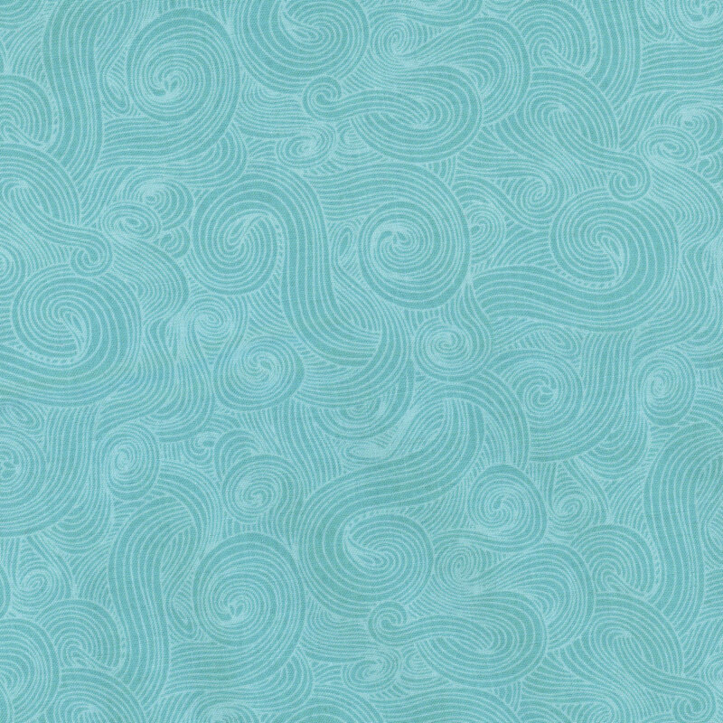 Tonal teal and aqua fabric with light swirls on a dark background