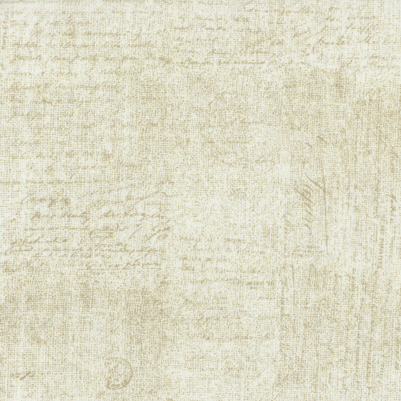 Scan of cream tonal fabric with cursive words over a textured printed canvas background