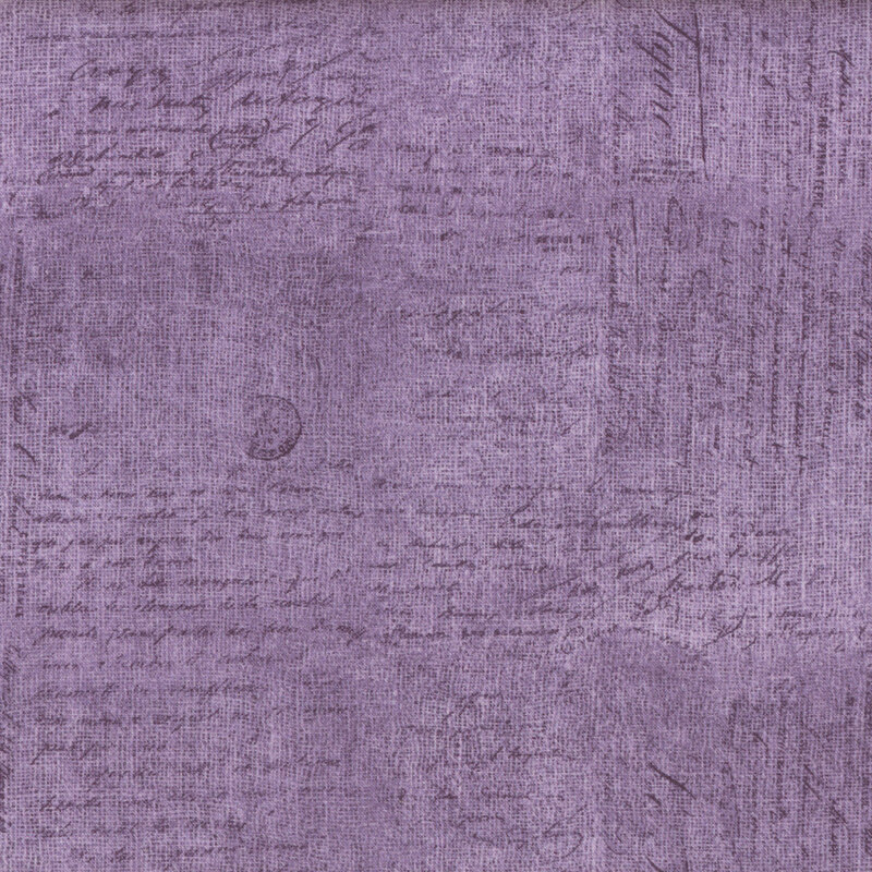 Scan of purple tonal fabric with cursive words over a textured printed canvas background