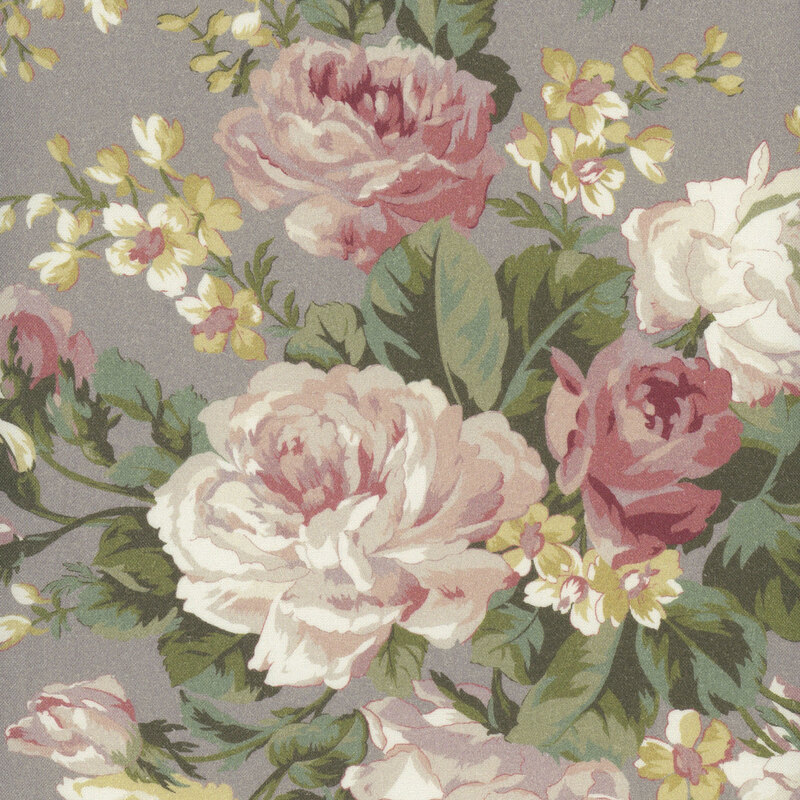 solid taupe fabric with large rose floral bunches in muted colors