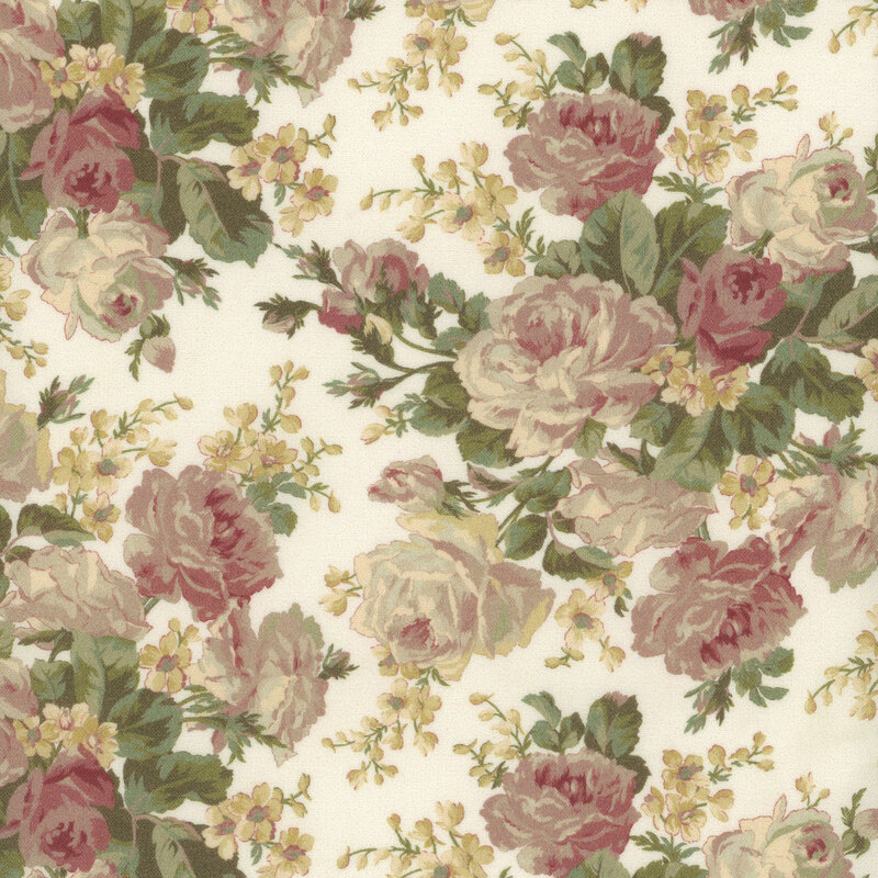 solid cream fabric with large rose floral bunches in muted colors