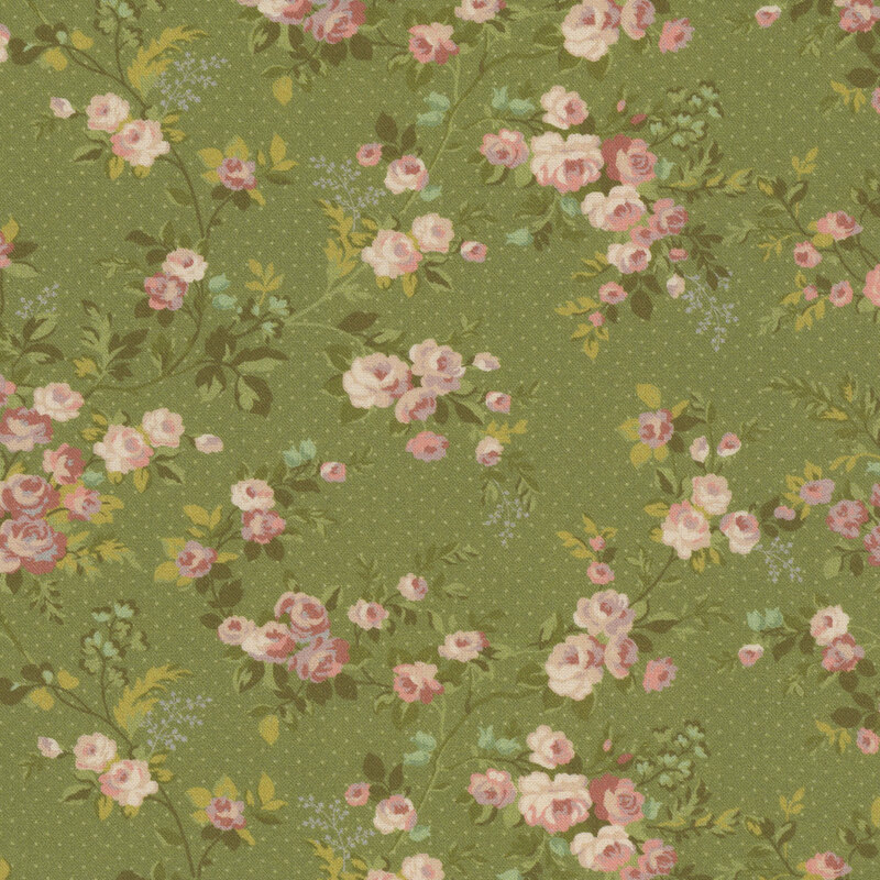 Olive green fabric with light green dots and pink roses with vines all over
