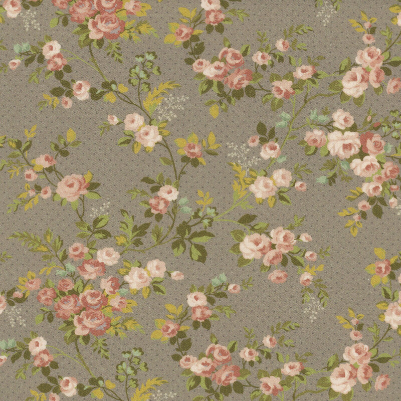 Taupe fabric with light gray dots and pink roses with vines all over