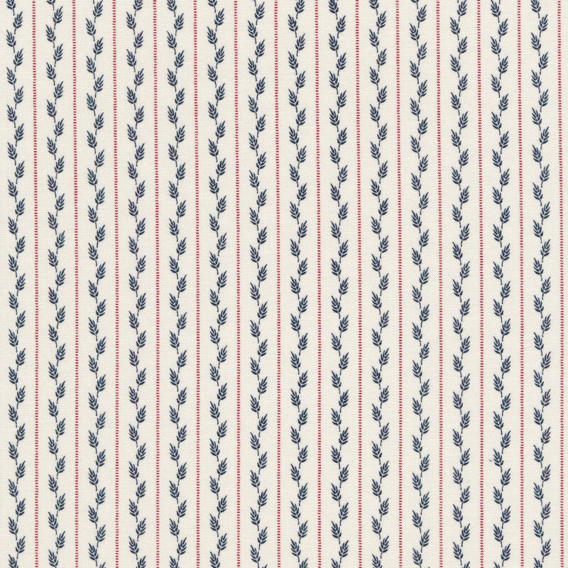 White fabric with red vertical pinstripes and blue ears of wheat between each stripe