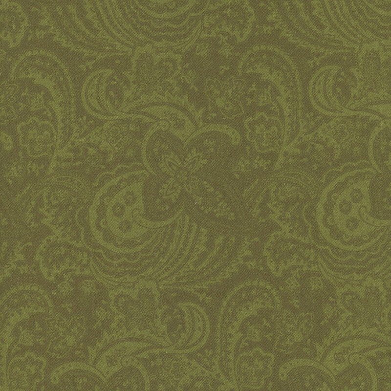 Tonal olive green fabric with bohemian style paisley and floral designs