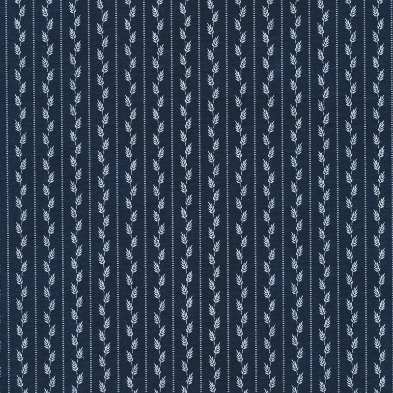 Navy blue fabric with white vertical pinstripes and white ears of wheat between each stripe