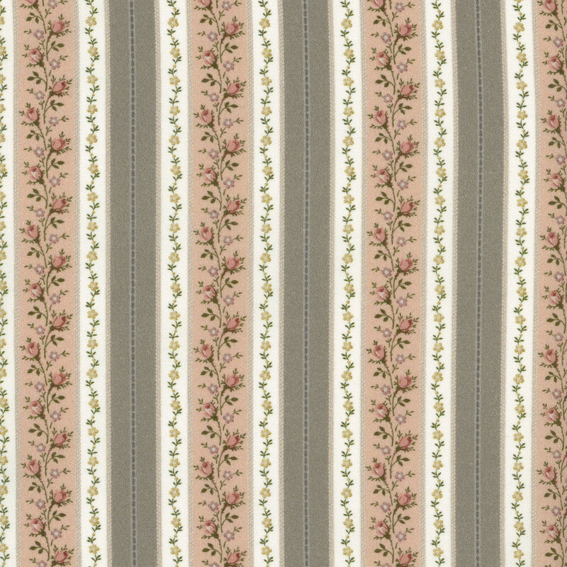 taupe, pink, and cream fabric with stripes of rose bunches and daisies