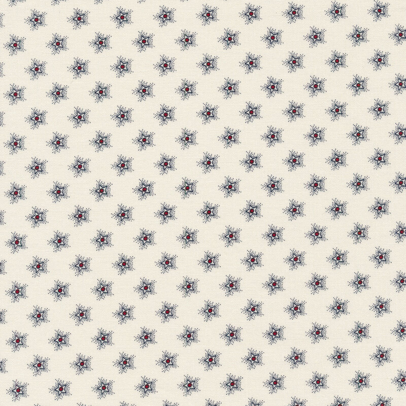 White fabric with stylized blue stars with red dots at their centers evenly spaced apart